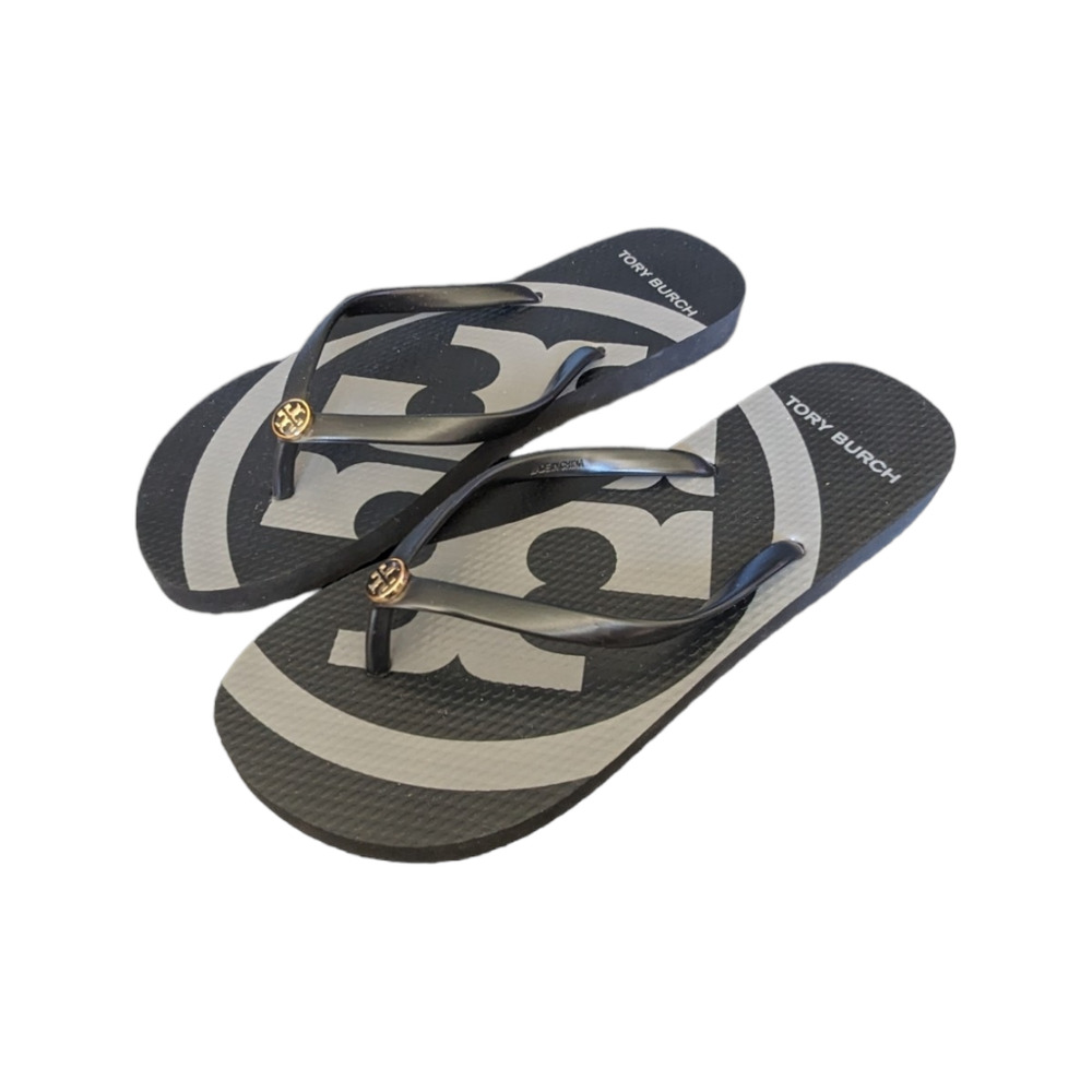 NEW Tory Burch Emory Flip Flops Black Gray Womens 9 EVA PVC Sandals Summer Boho